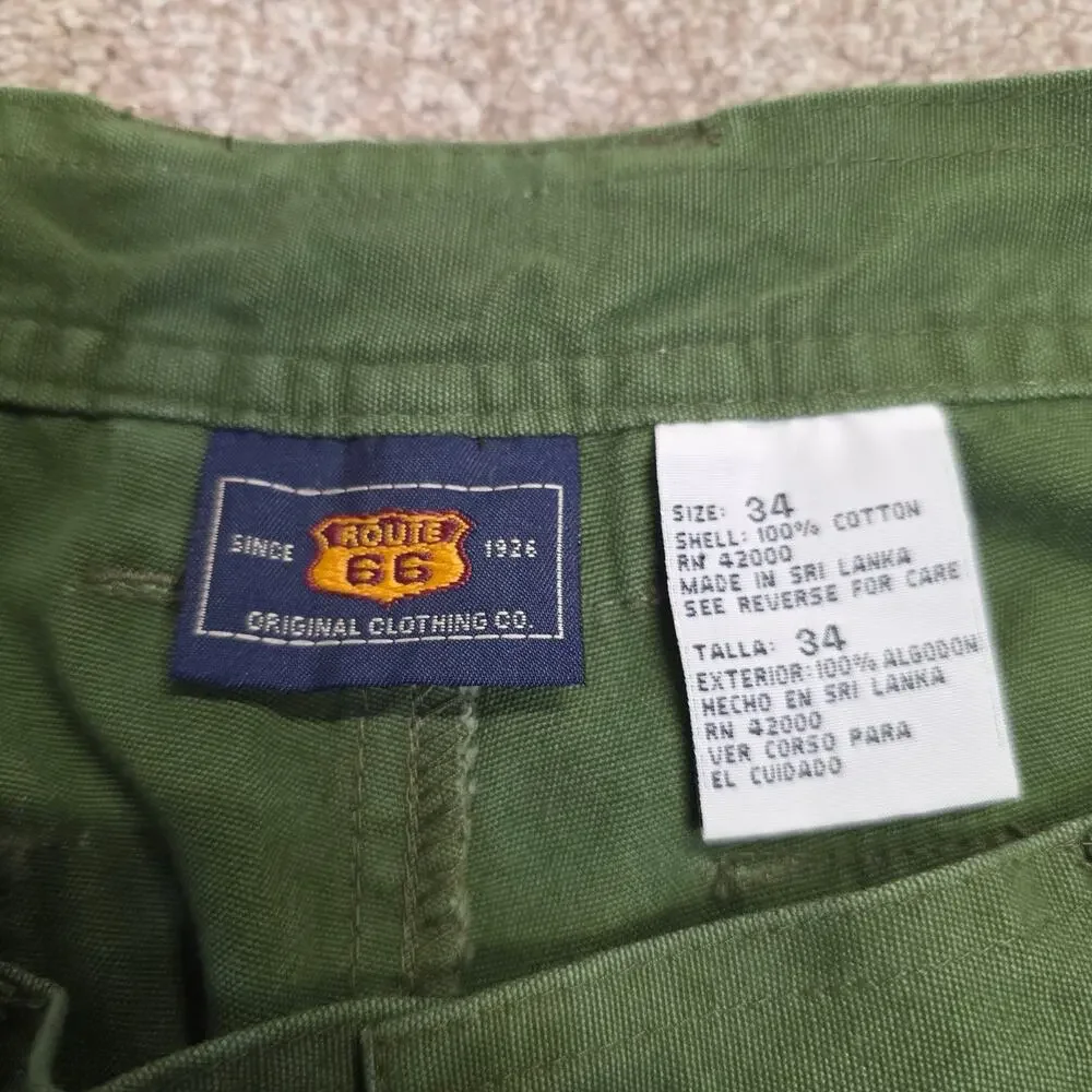 Y2K Indie Sleaze 2000s Route 66 Pleated Cargo Shorts Size 34 Olive Green Cotton